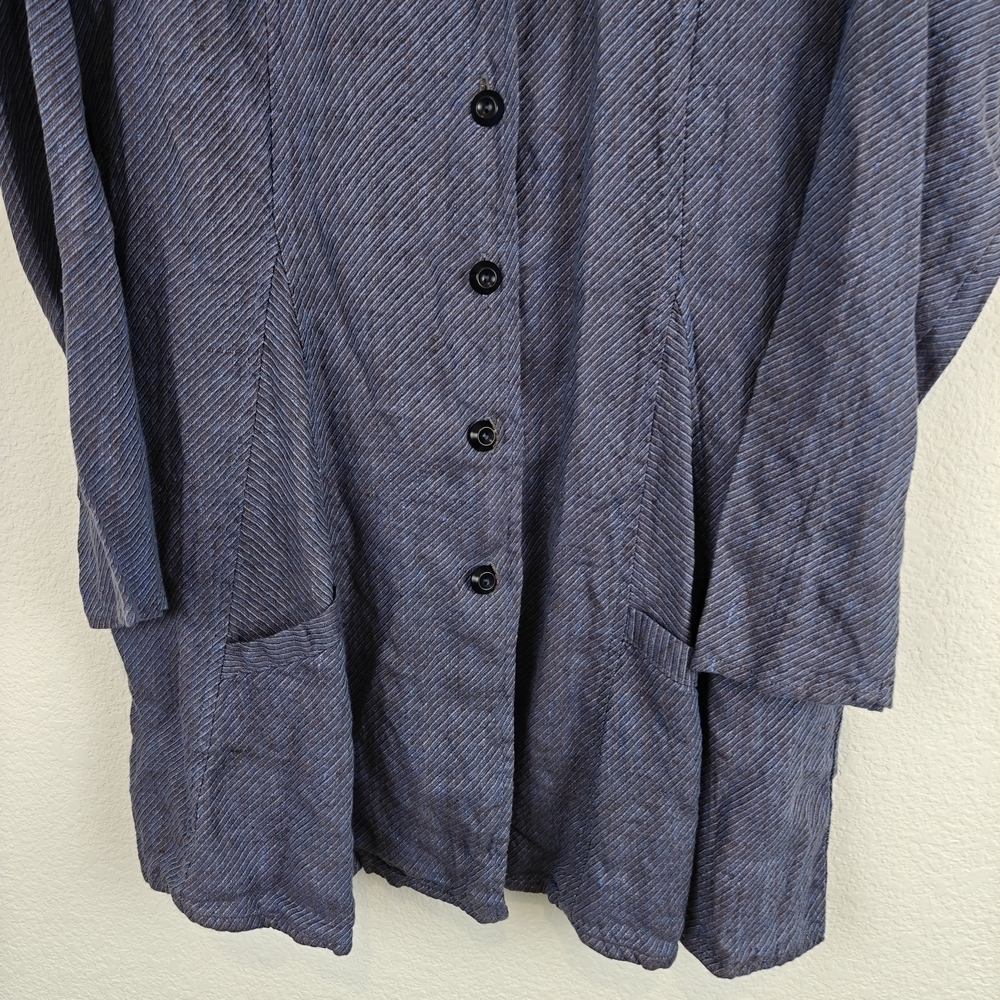 FLAX Jeanne Engelhart VTG 100% Linen Long Sleeve Jacket Pockets Blue Button M - Picture 2 of 13
